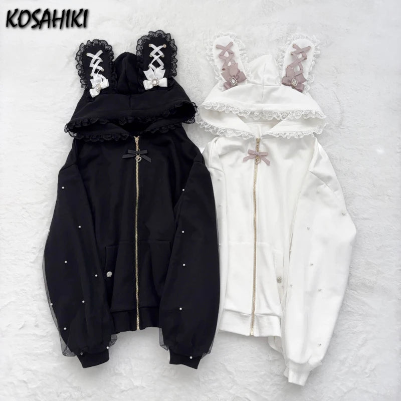 Lace Trim Bunny Ear Zip Hoodie