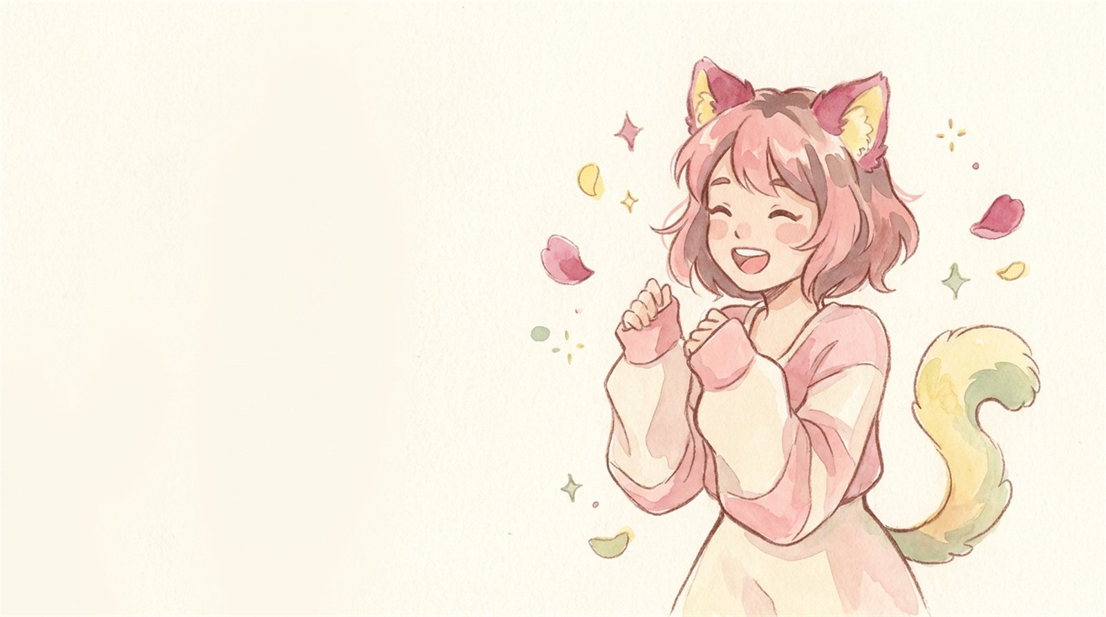 A person wearing fluffy cat ears and a matching tail, laughing