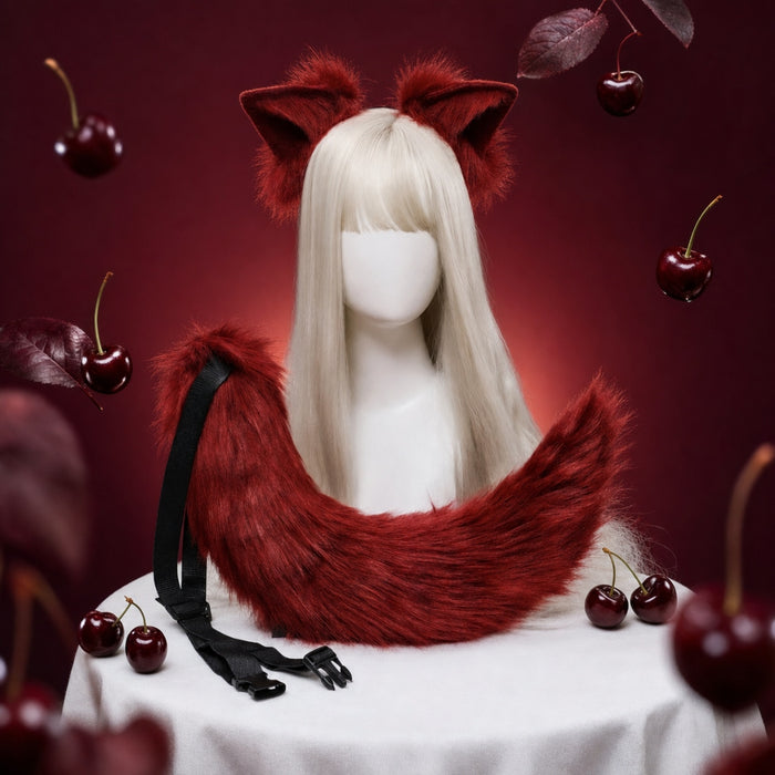 Plush Fox Tail and Ear Set, wine red colourway
