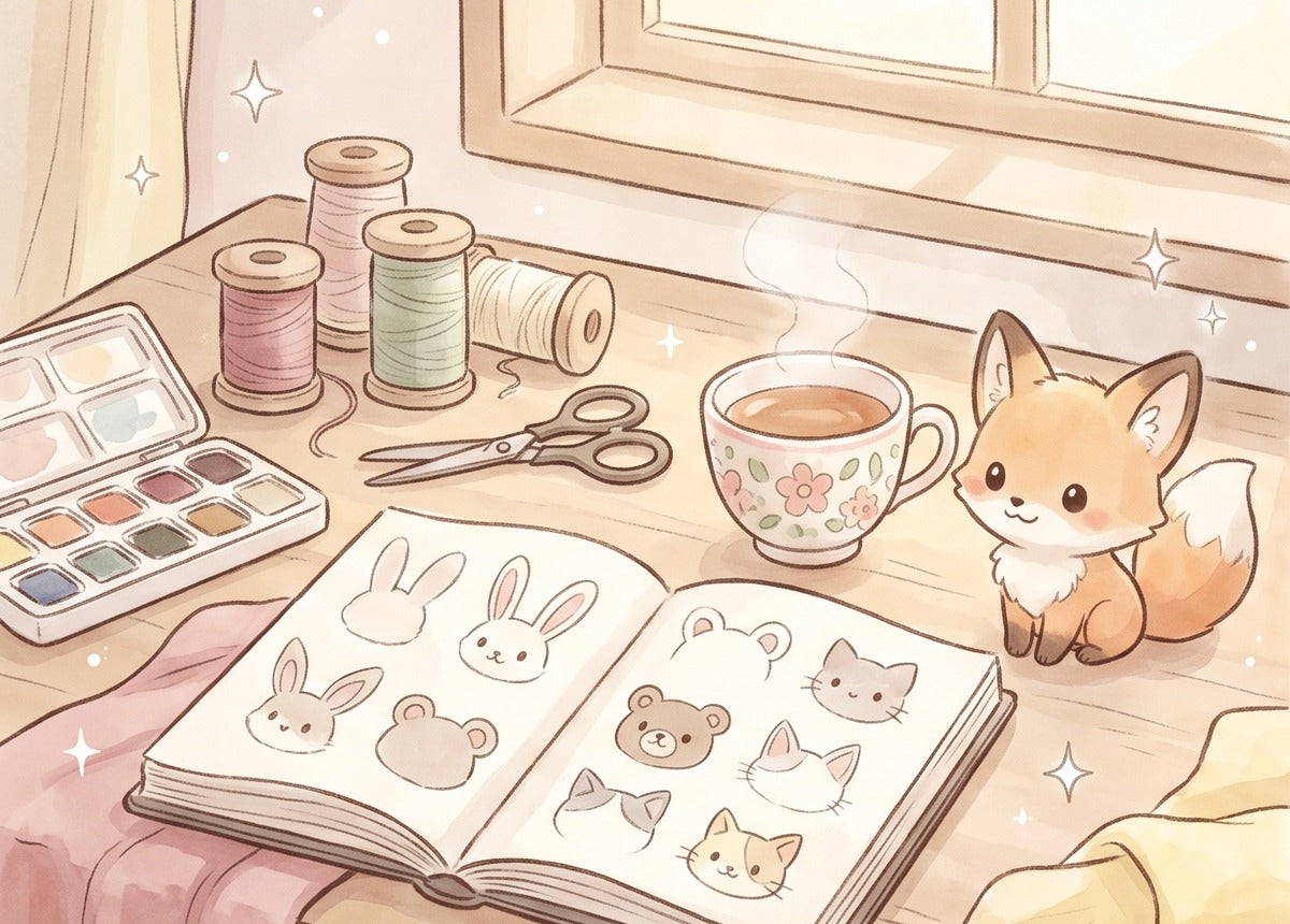 A desk covered in half-made ears and tails